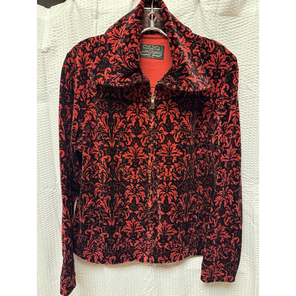 Charter Club Women's SZ P/M Red Black Damask Velvet Zip Up Bomber Jacket Soft